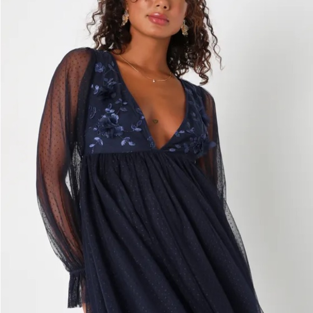 Instinctively Adorable Navy Mesh Swiss
Dot Babydoll Mini Dress